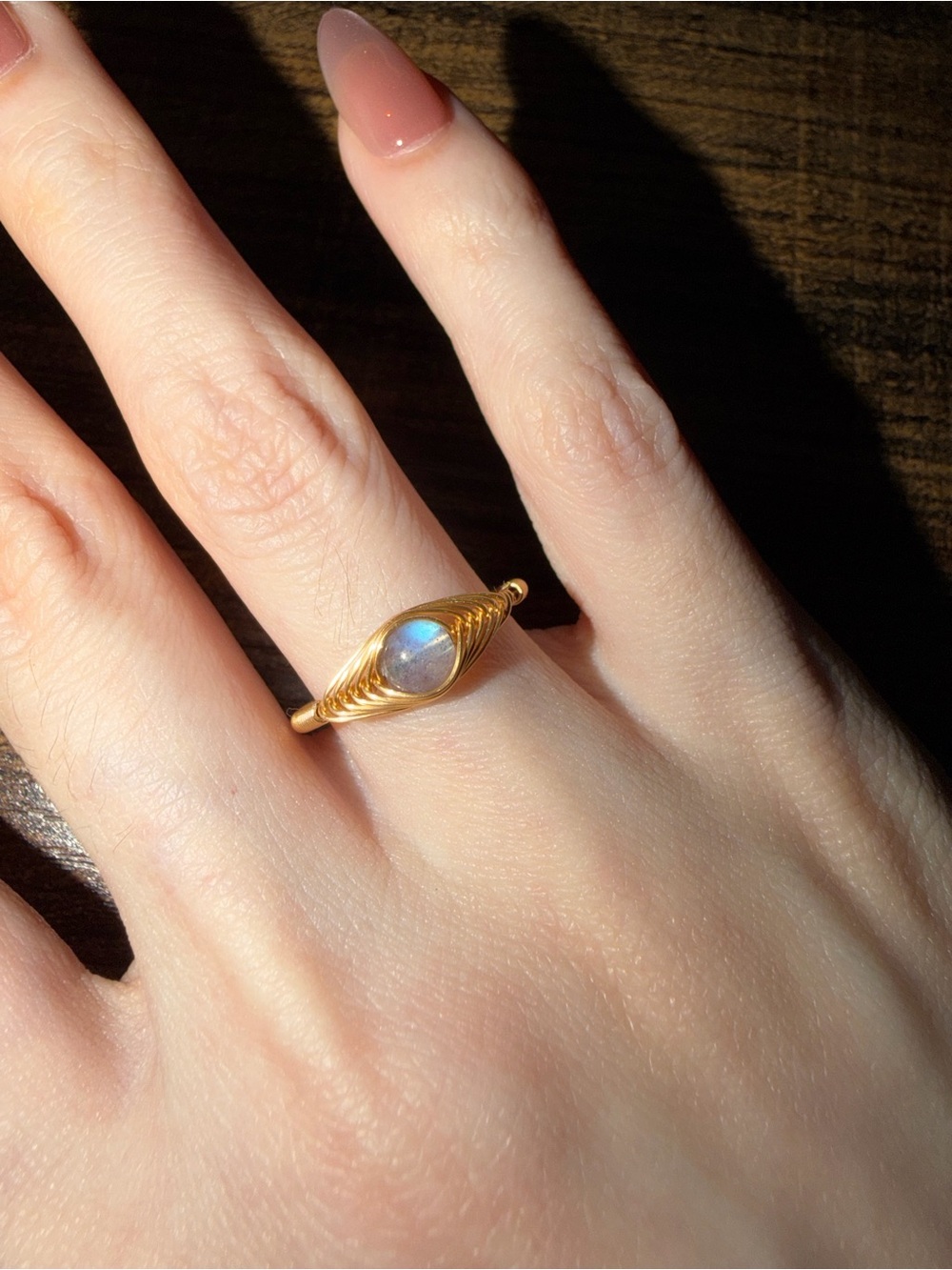 NEW 14kt evil eye gold filled natural laboradorite ring, wire wrapped adjustable